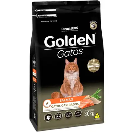 Ração Golden Gatos Castrados Adultos Salmão 3,0 Kg